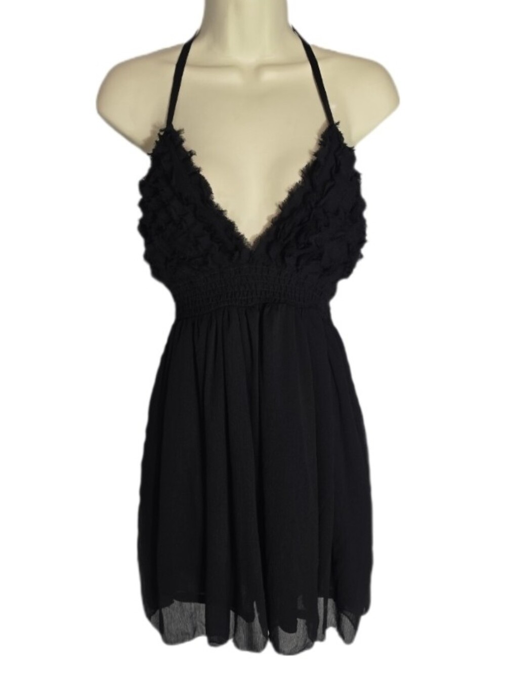 Paper Tee Dress Boho Chic Ruffled V-Neck Halter Mini Black Size L